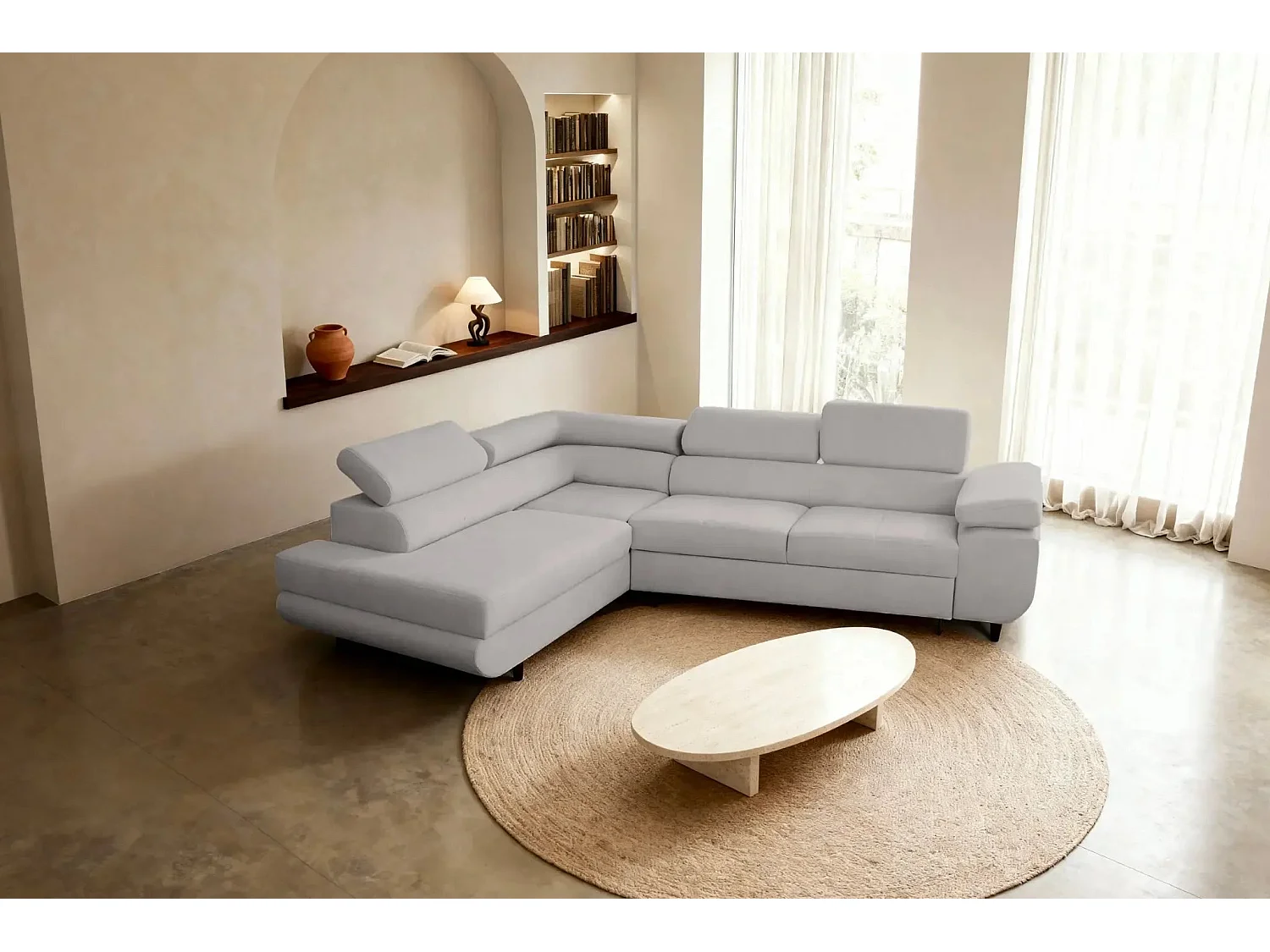 CHARLIE L - Canapé d'angle convertible tissu lisse 4 places - Gris clair - Droit