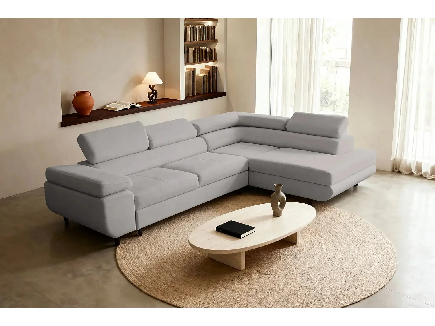 CHARLIE L - Canapé d'angle convertible tissu lisse 4 places - Gris clair - Droit