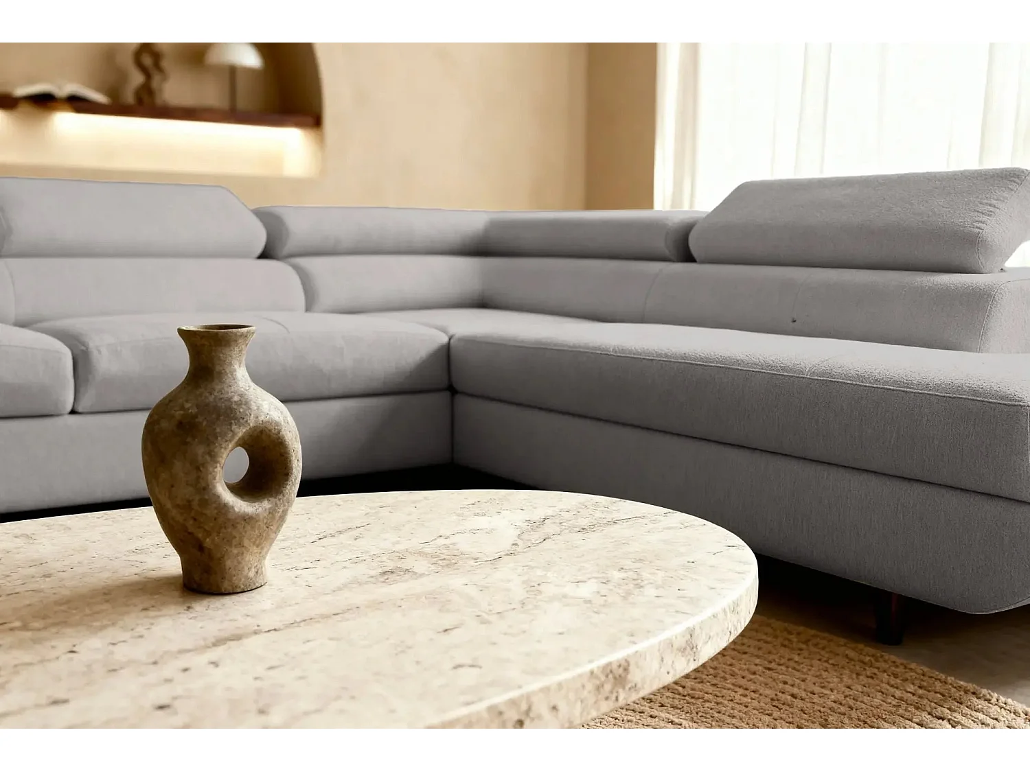 CHARLIE L - Canapé d'angle convertible tissu lisse 4 places - Gris clair - Droit