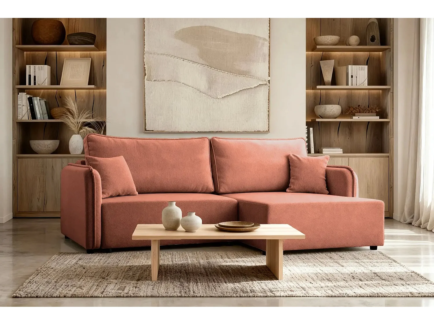 BONNIE - Canapé d'angle convertible tissu lisse 3 places - Terracotta - Gauche