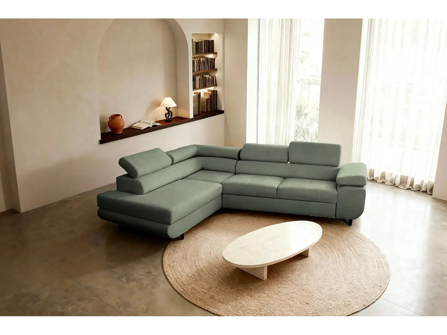 CHARLIE L - Canapé d'angle convertible tissu lisse 4 places - Vert - Droit