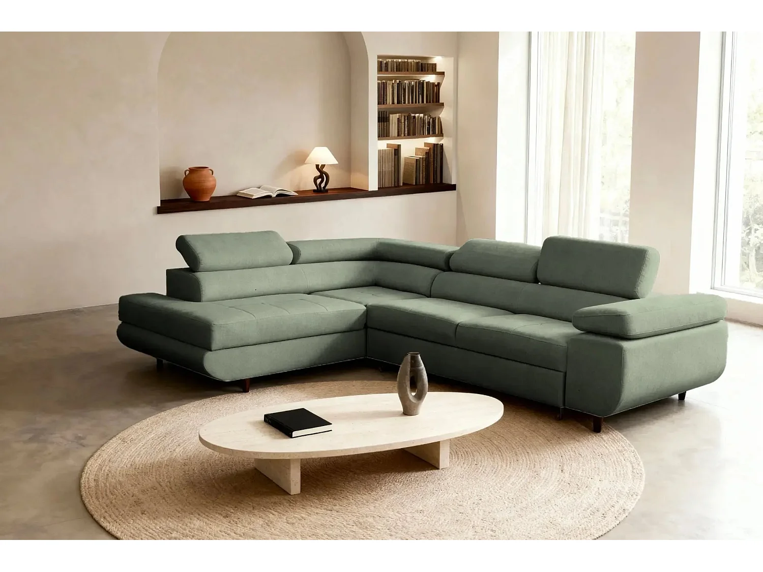 CHARLIE L - Canapé d'angle convertible tissu lisse 4 places - Vert - Droit
