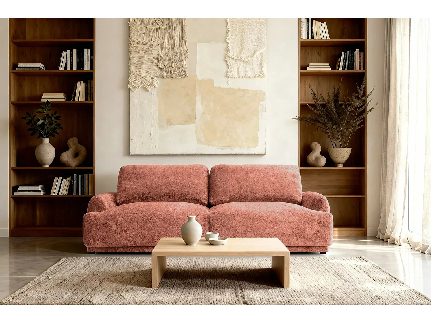 CLAUDIA - Canapé droit convertible tissu chenille 3 places - Terracotta