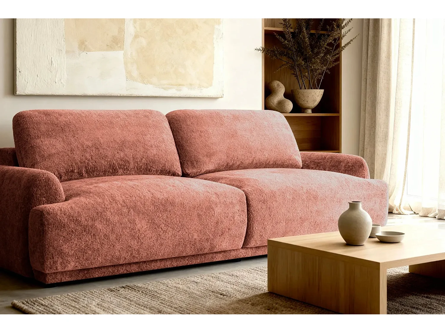 CLAUDIA - Canapé droit convertible tissu chenille 3 places - Terracotta