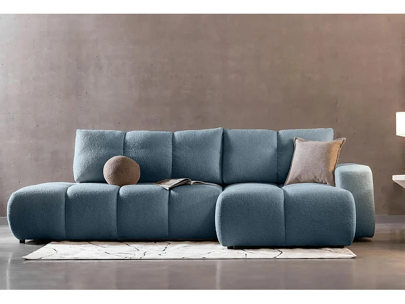 CONSTANCE - Canapé d'angle convertible tissu bouclette 4 places - Bleu - Gauche