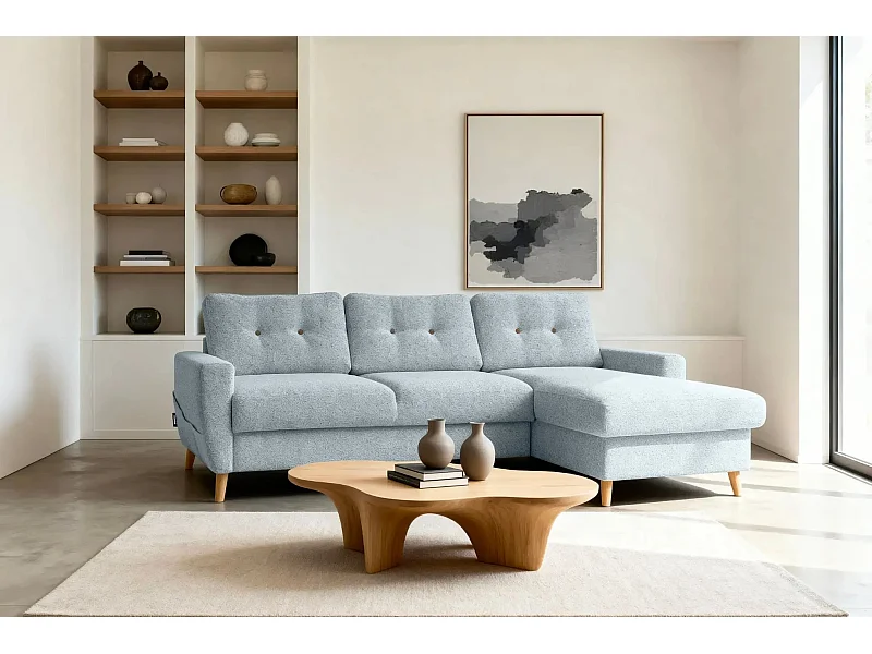 GASPARD - Canapé d'angle convertible tissu bouclette 4 places - Bleu - Gauche