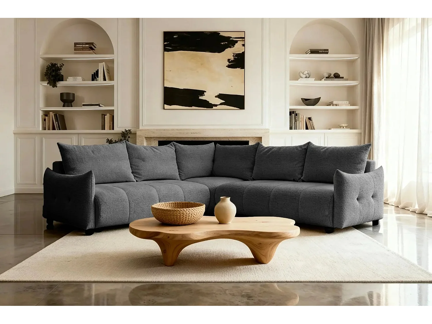 CELINE - Canapé panoramique convertible tissu chenille 5 places - Gris