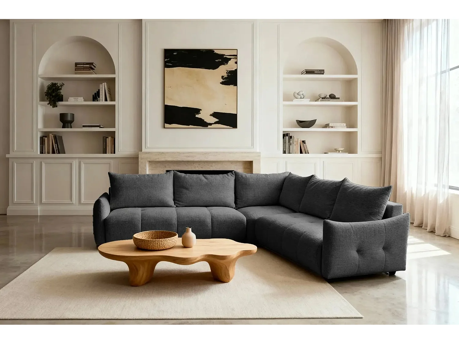 CELINE - Canapé panoramique convertible tissu chenille 5 places - Gris