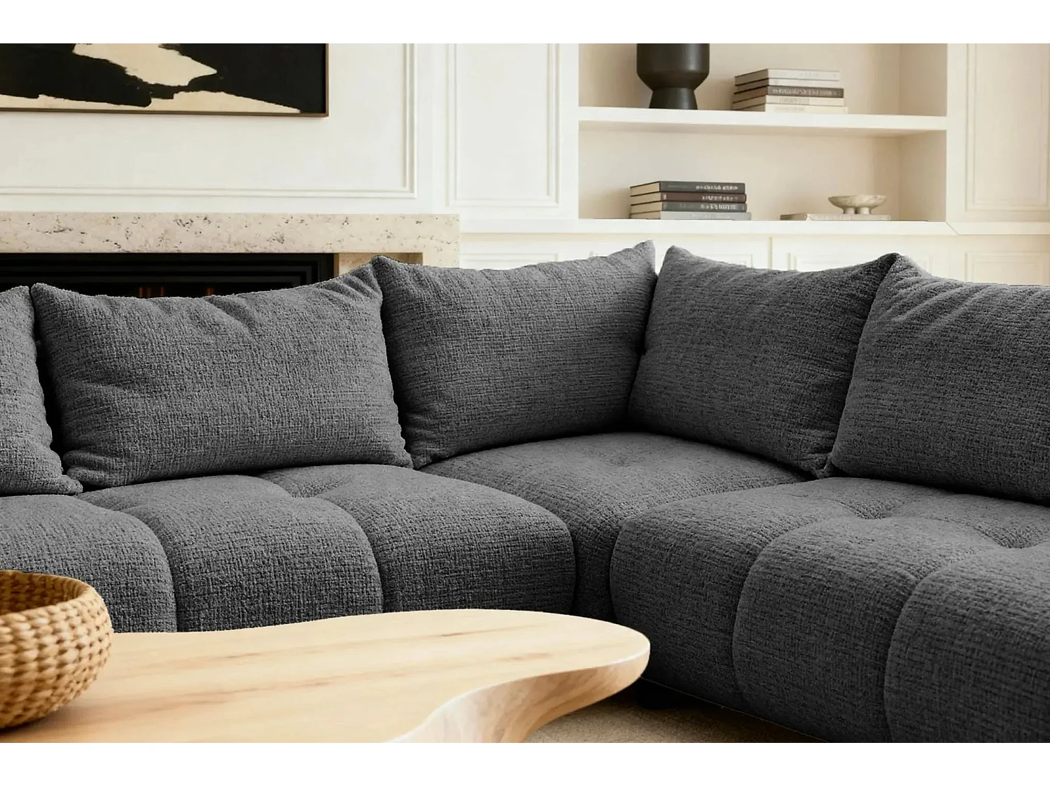 CELINE - Canapé panoramique convertible tissu chenille 5 places - Gris