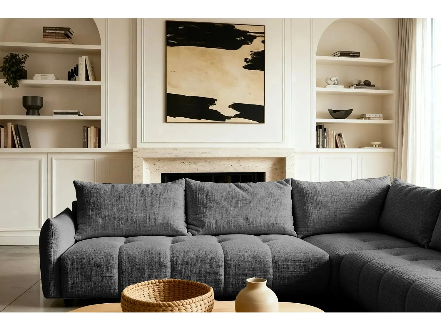 CELINE - Canapé panoramique convertible tissu chenille 5 places - Gris