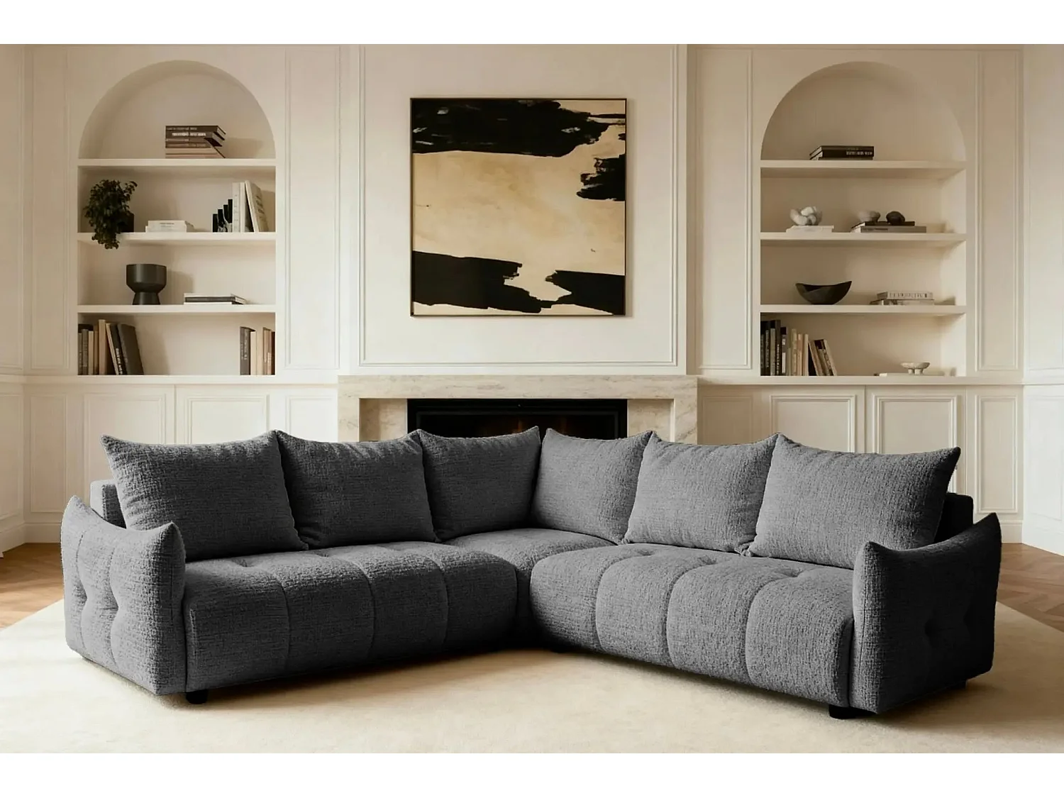 CELINE - Canapé panoramique convertible tissu chenille 5 places - Gris