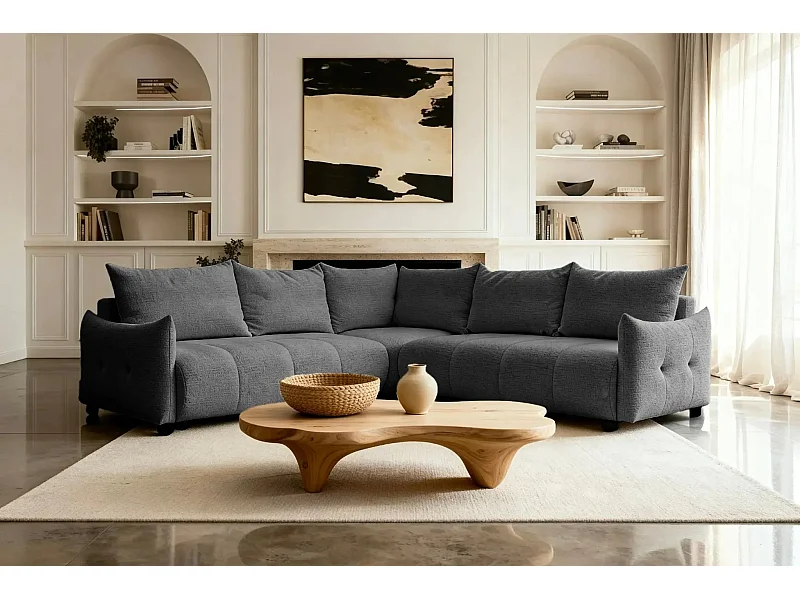 CELINE - Canapé panoramique convertible tissu chenille 5 places - Gris