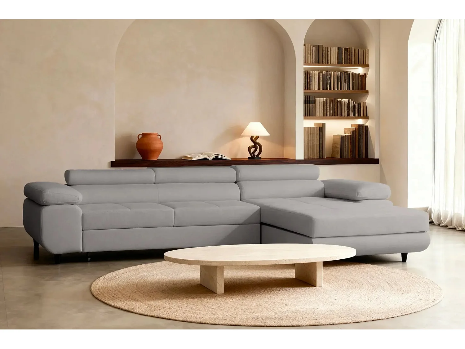 CHARLIE - Canapé d'angle convertible tissu chiné 4 places - Gris clair - Droit