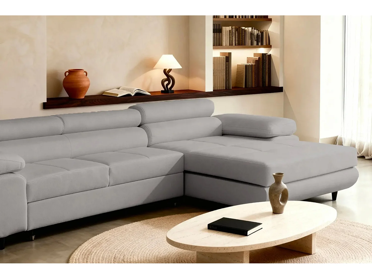 CHARLIE - Canapé d'angle convertible tissu chiné 4 places - Gris clair - Droit