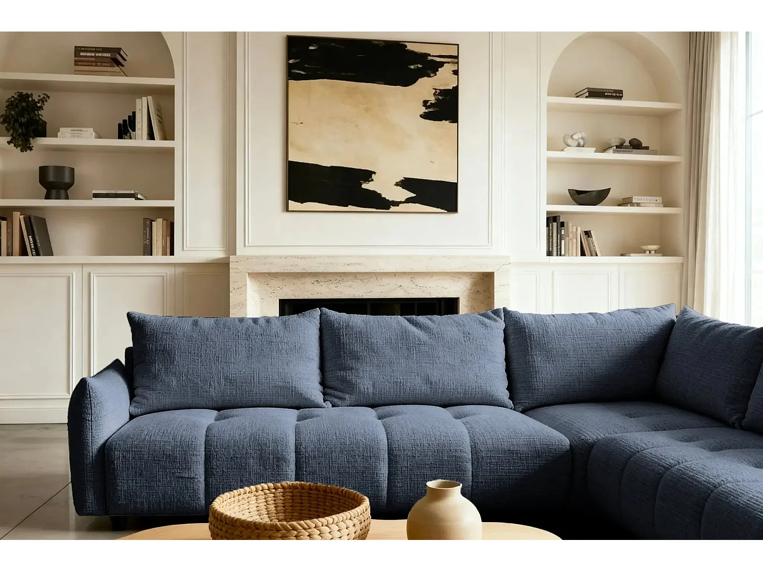 CELINE - Canapé panoramique convertible tissu chenille 5 places - Bleu