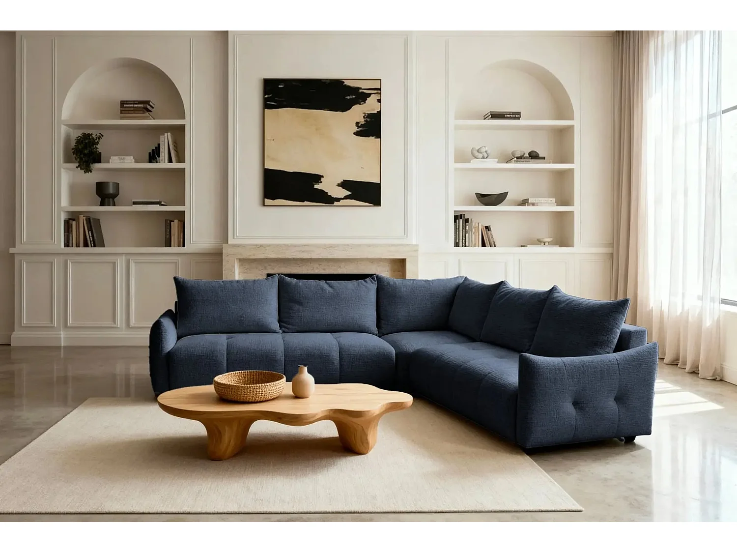 CELINE - Canapé panoramique convertible tissu chenille 5 places - Bleu