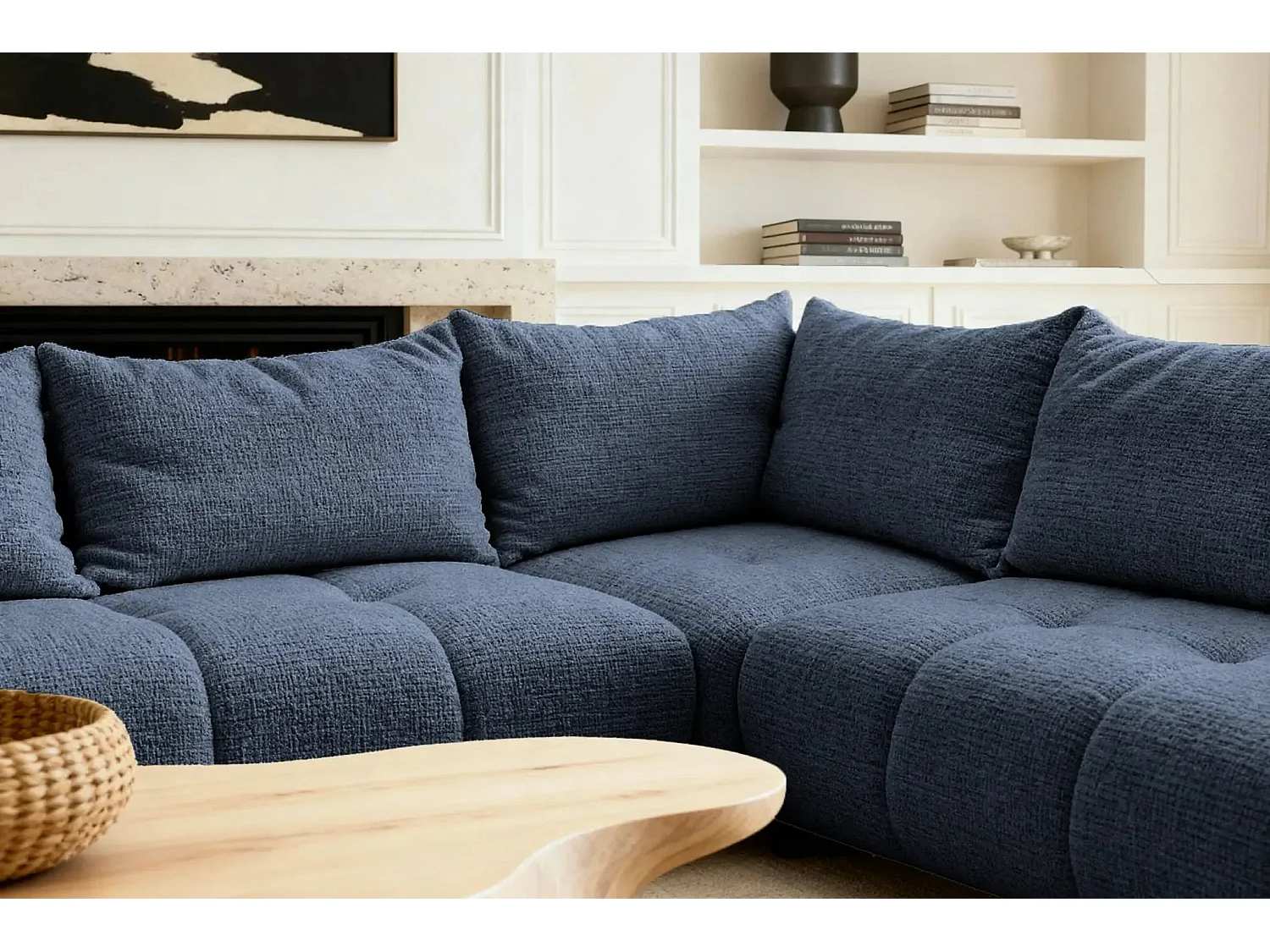 CELINE - Canapé panoramique convertible tissu chenille 5 places - Bleu