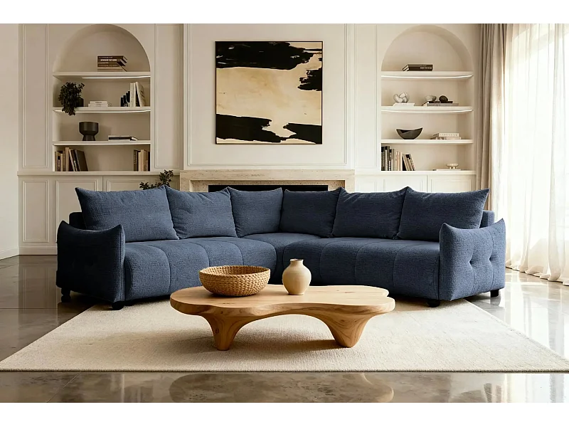 CELINE - Canapé panoramique convertible tissu chenille 5 places - Bleu