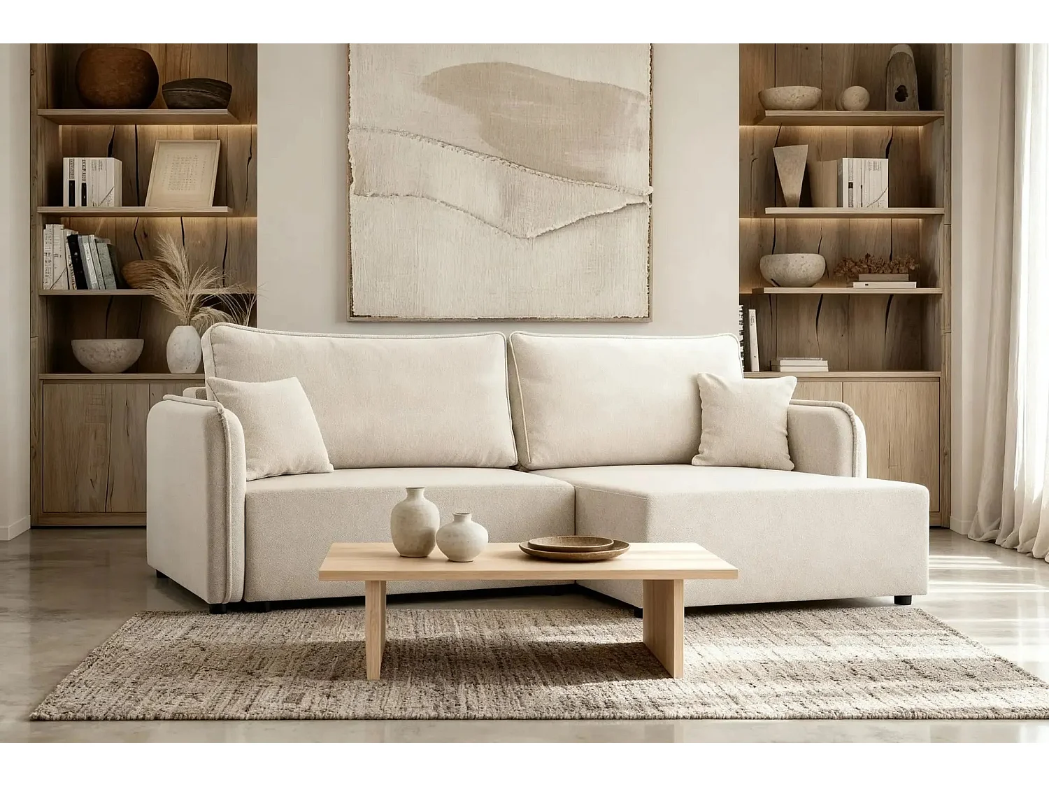 BONNIE - Canapé d'angle convertible tissu lisse 3 places - Beige - Droit