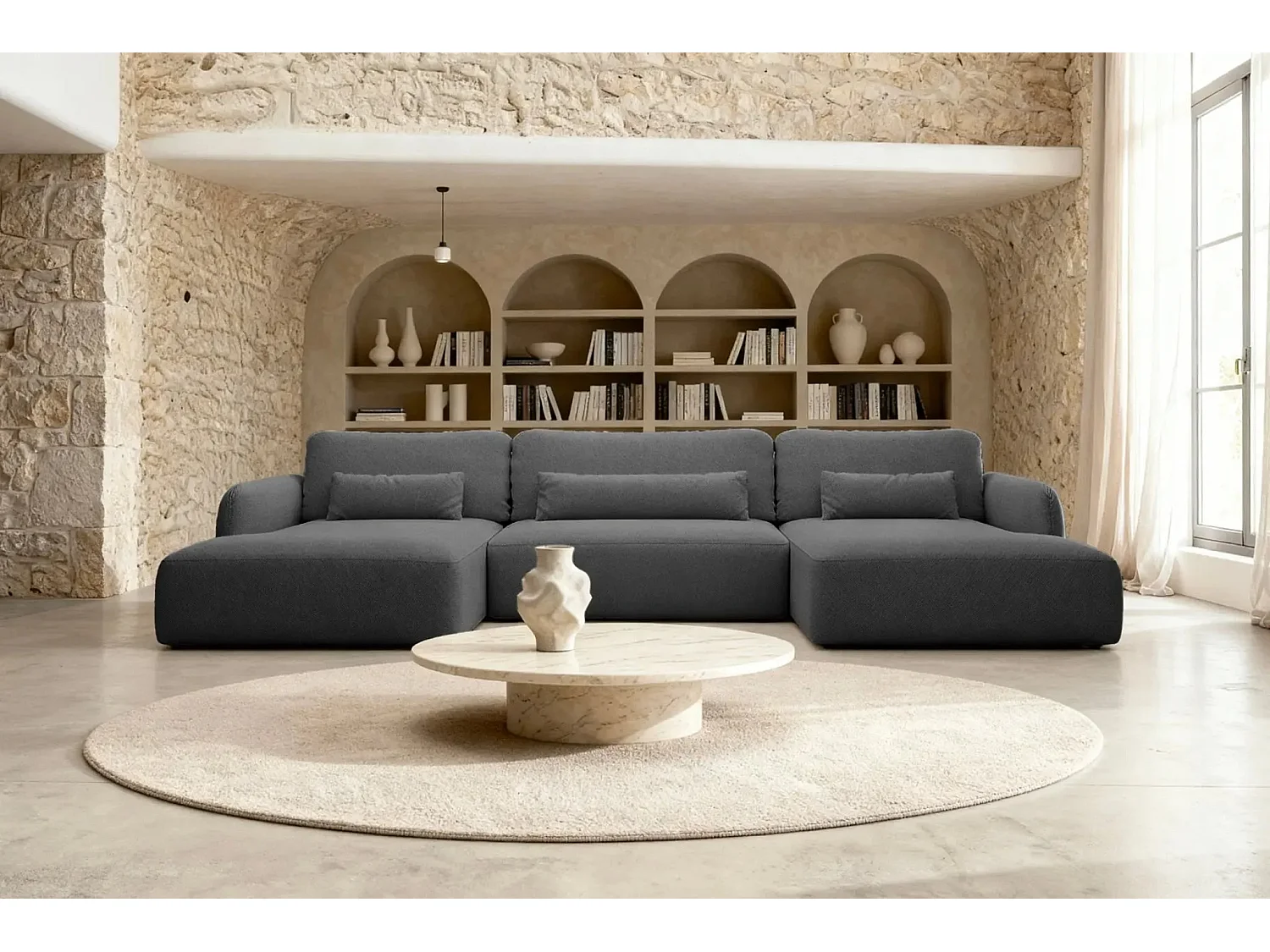 GIGI - Canapé panoramique convertible tissu bouclette 5 places - Gris foncé