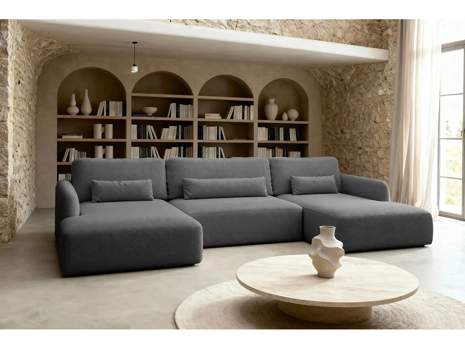 GIGI - Canapé panoramique convertible tissu bouclette 5 places - Gris foncé