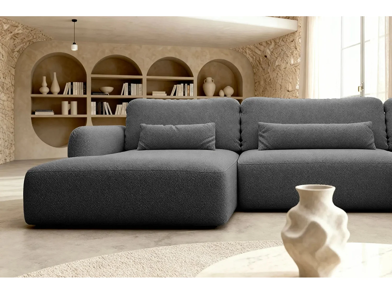 GIGI - Canapé panoramique convertible tissu bouclette 5 places - Gris foncé