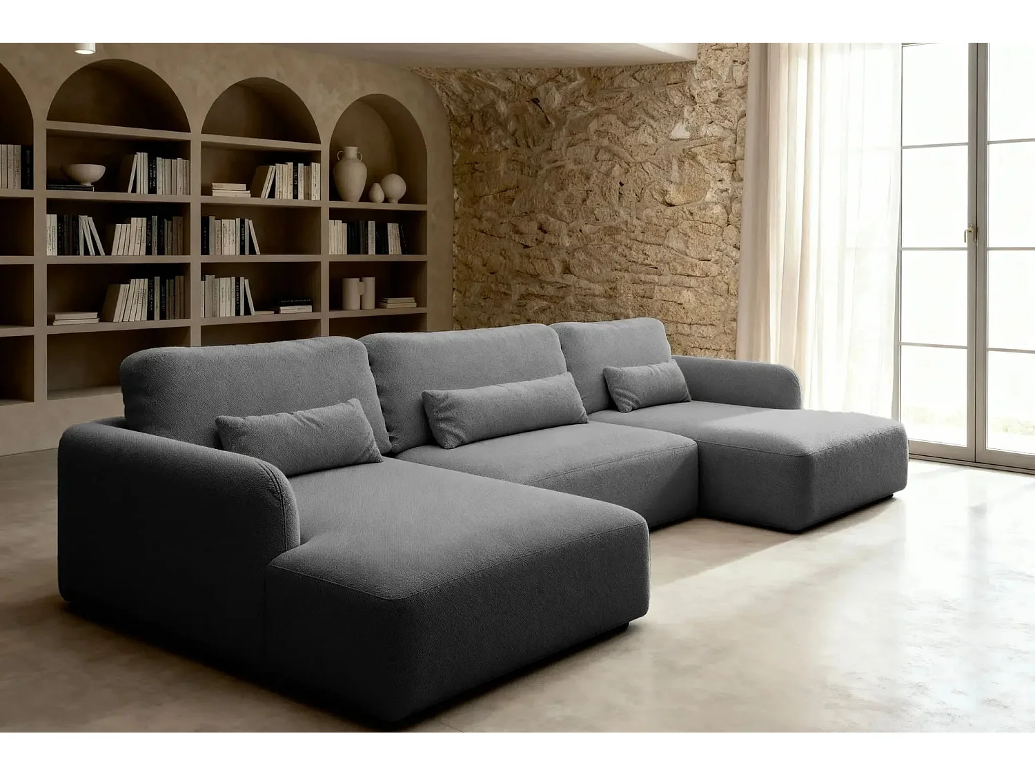 GIGI - Canapé panoramique convertible tissu bouclette 5 places - Gris foncé