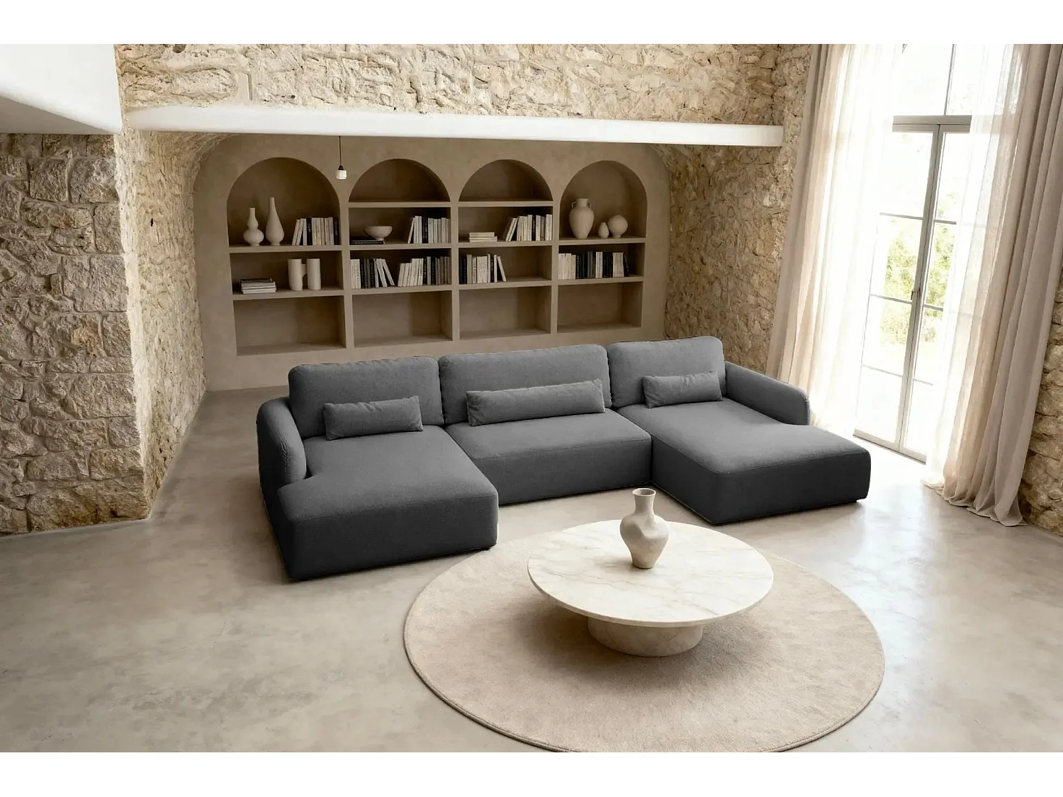 GIGI - Canapé panoramique convertible tissu bouclette 5 places - Gris foncé