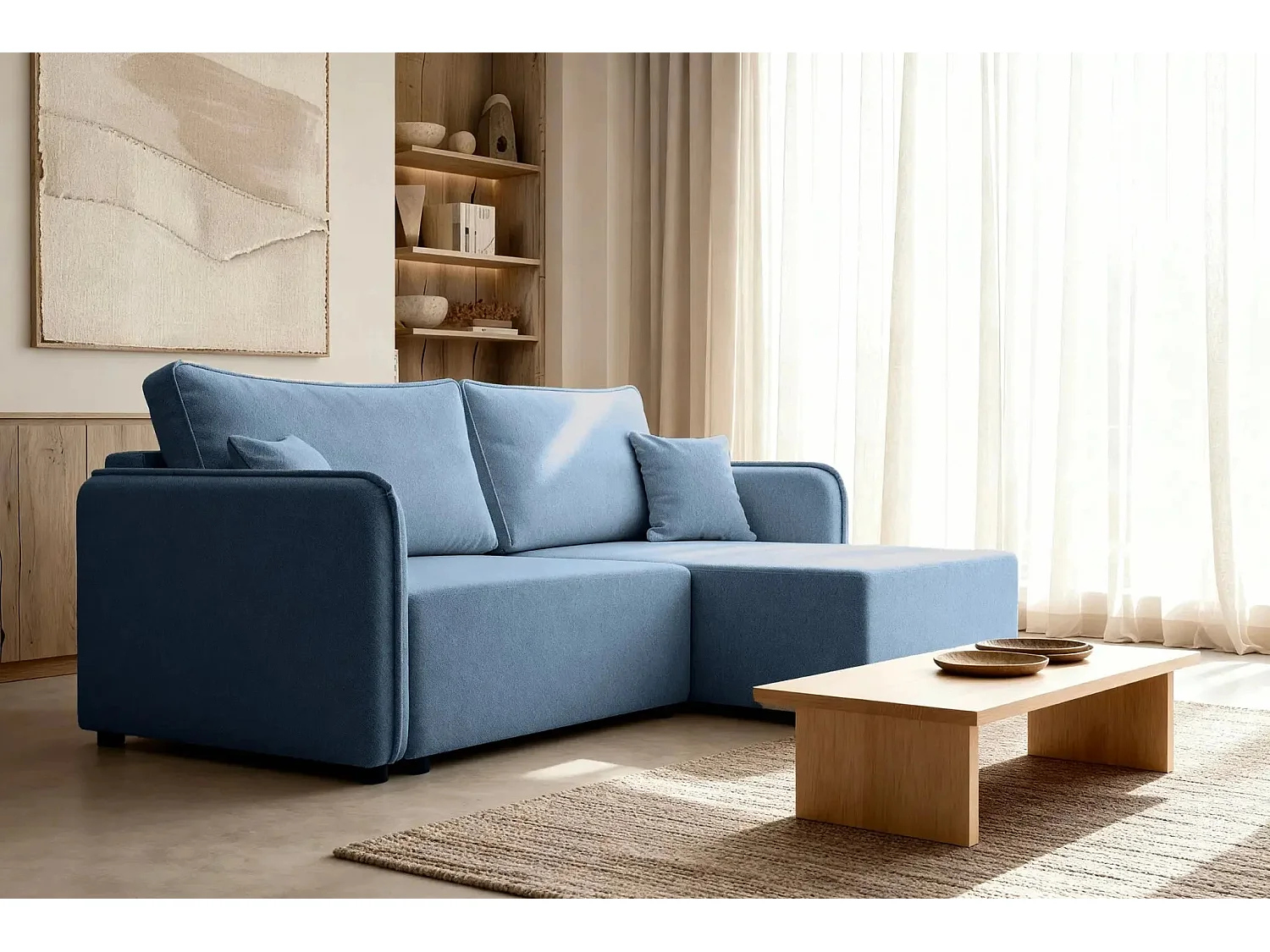 BONNIE - Canapé d'angle convertible tissu lisse 3 places - Bleu - Gauche