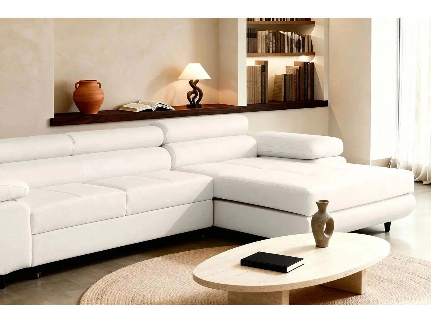 CHARLIE - Canapé d'angle convertible tissu chiné 4 places - Beige - Gauche