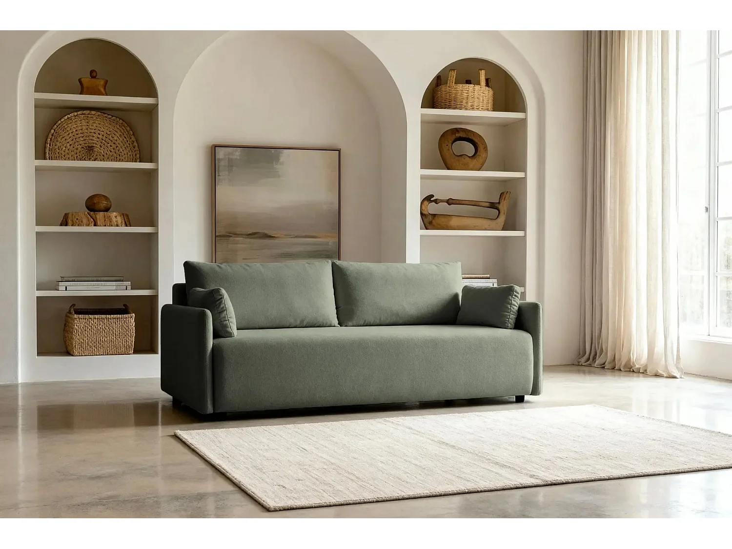 AXELLE - Canapé droit convertible tissu lisse 2 places - Vert