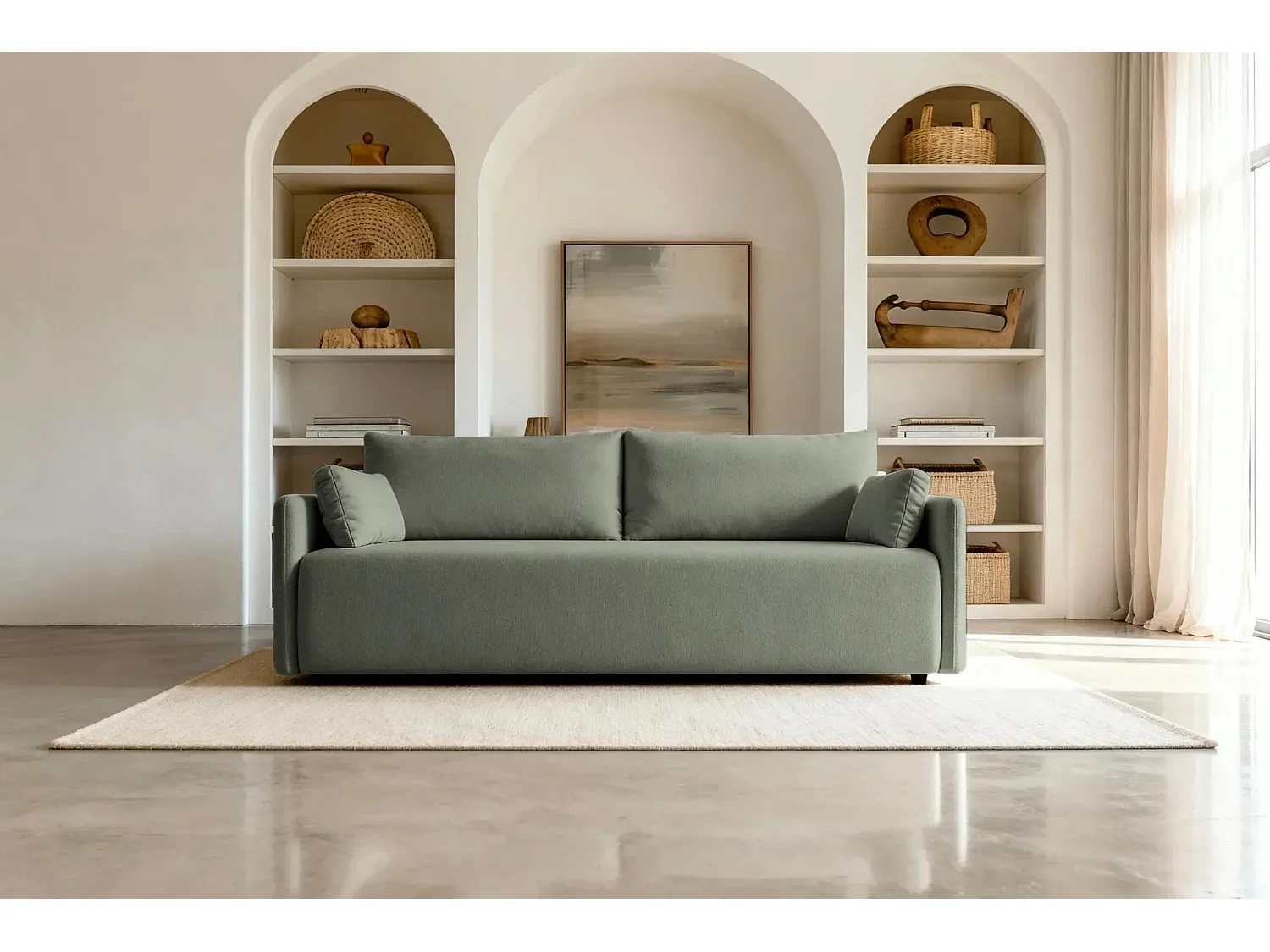 AXELLE - Canapé droit convertible tissu lisse 2 places - Vert