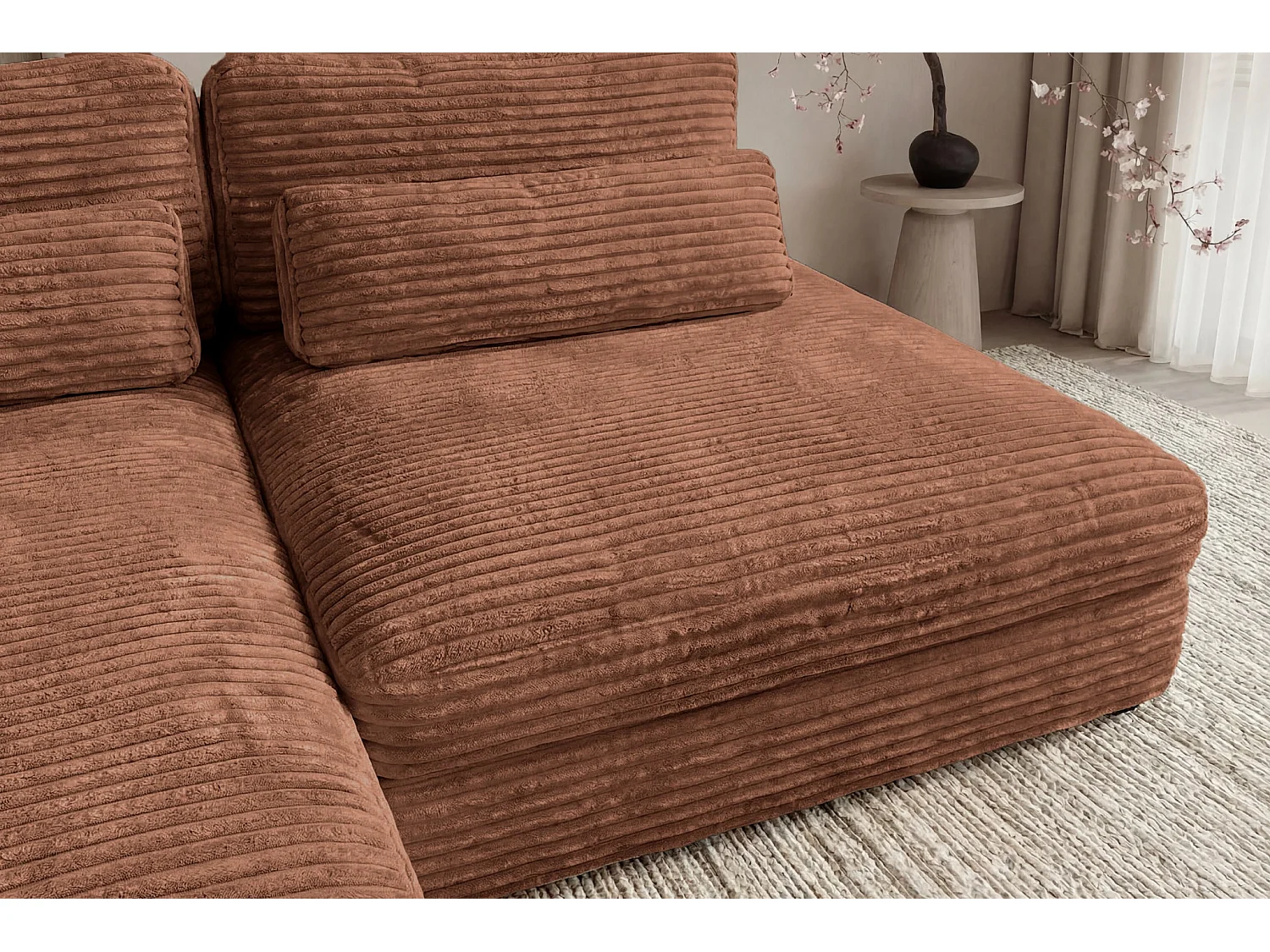 AGATHE - Canapé d'angle convertible gros velours côtelé 4 places - Terracotta - Gauche