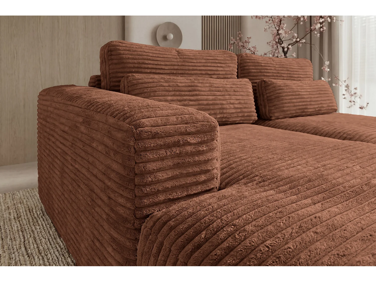 AGATHE - Canapé d'angle convertible gros velours côtelé 4 places - Terracotta - Gauche