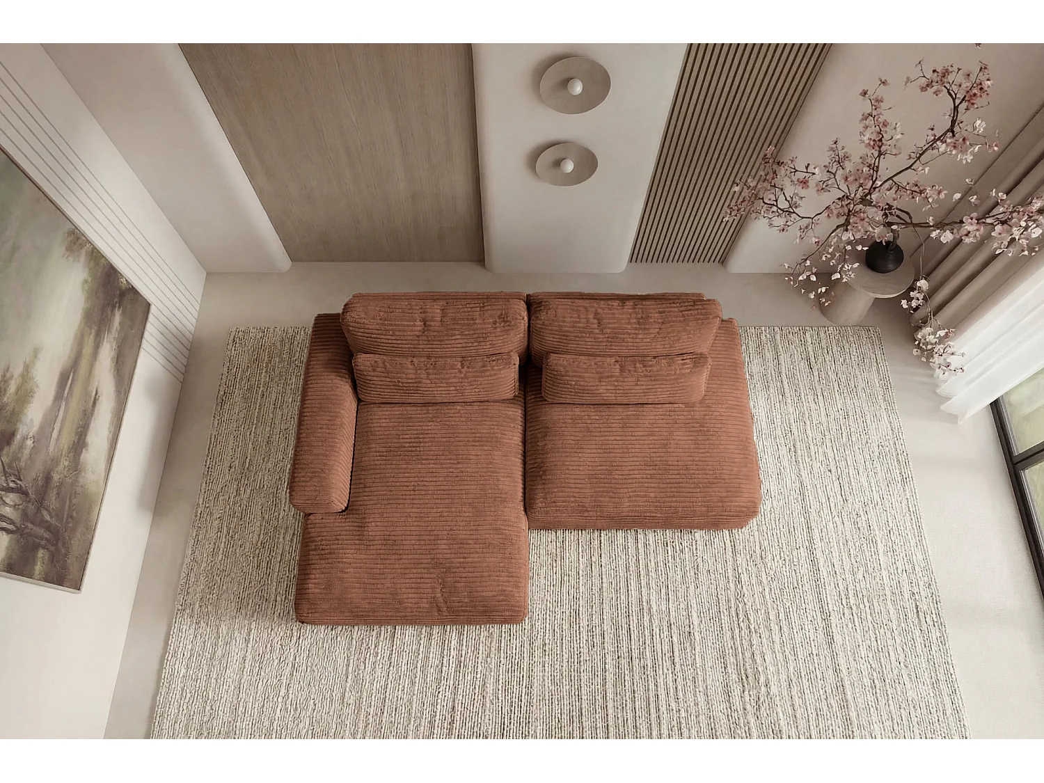 AGATHE - Canapé d'angle convertible gros velours côtelé 4 places - Terracotta - Gauche