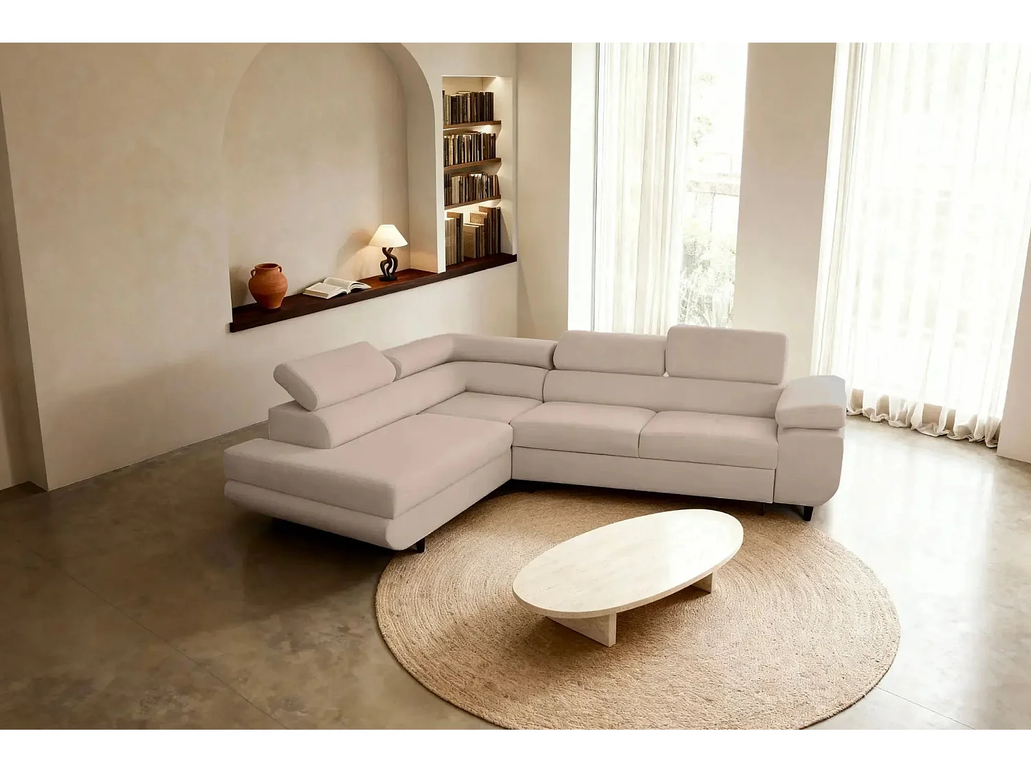 CHARLIE L - Canapé d'angle convertible tissu lisse 4 places - Café - Gauche