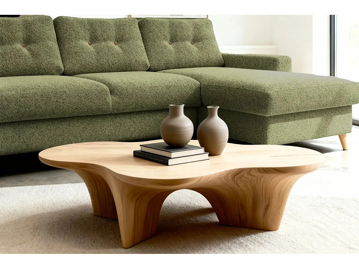 GASPARD - Canapé d'angle convertible tissu bouclette 4 places - Vert - Droit