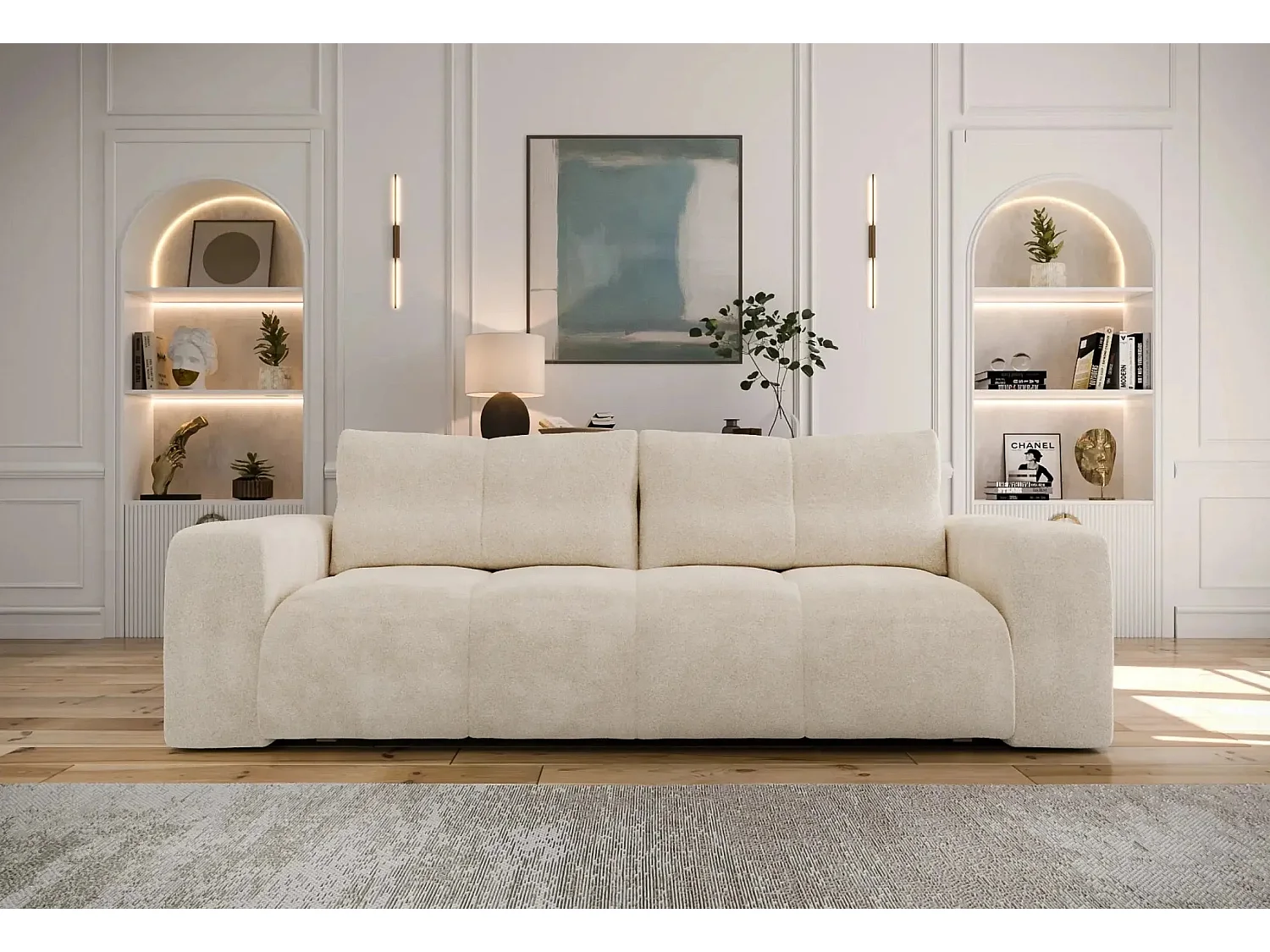 CONSTANCE - Canapé droit convertible tissu bouclette 3 places - Beige