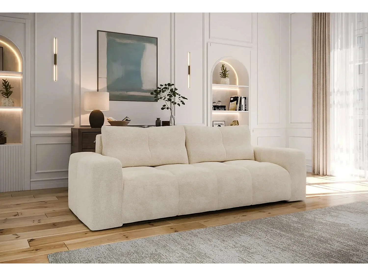 CONSTANCE - Canapé droit convertible tissu bouclette 3 places - Beige