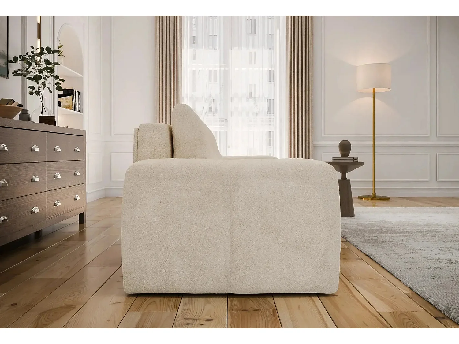 CONSTANCE - Canapé droit convertible tissu bouclette 3 places - Beige