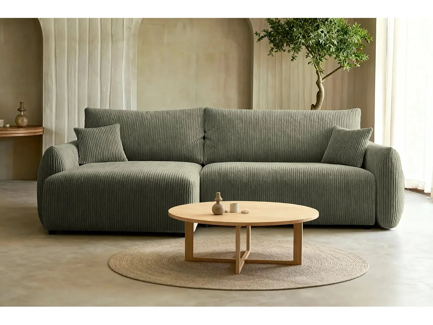 ELIO - Canapé d'angle convertible petit velours côtelé 4 places - Vert