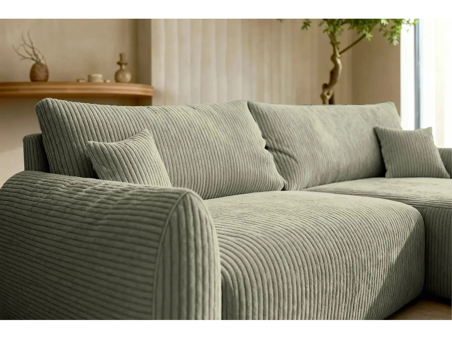 ELIO - Canapé d'angle convertible petit velours côtelé 4 places - Vert