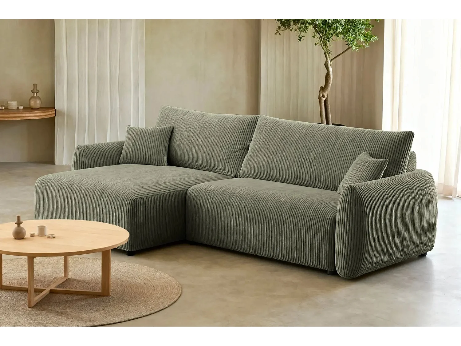 ELIO - Canapé d'angle convertible petit velours côtelé 4 places - Vert