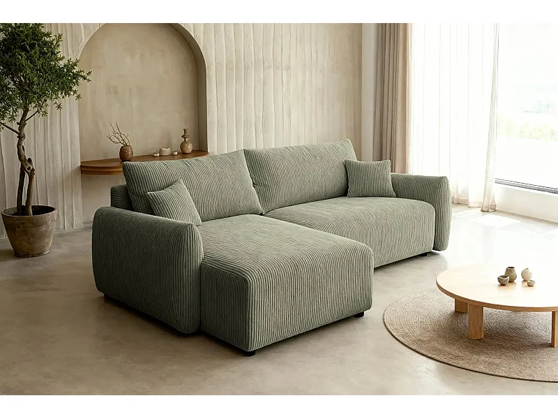 ELIO - Canapé d'angle convertible petit velours côtelé 4 places - Vert