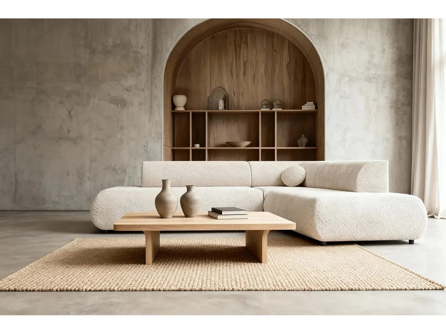 LEVI - Canapé panoramique convertible tissu lisse 5 places - Beige - Gauche