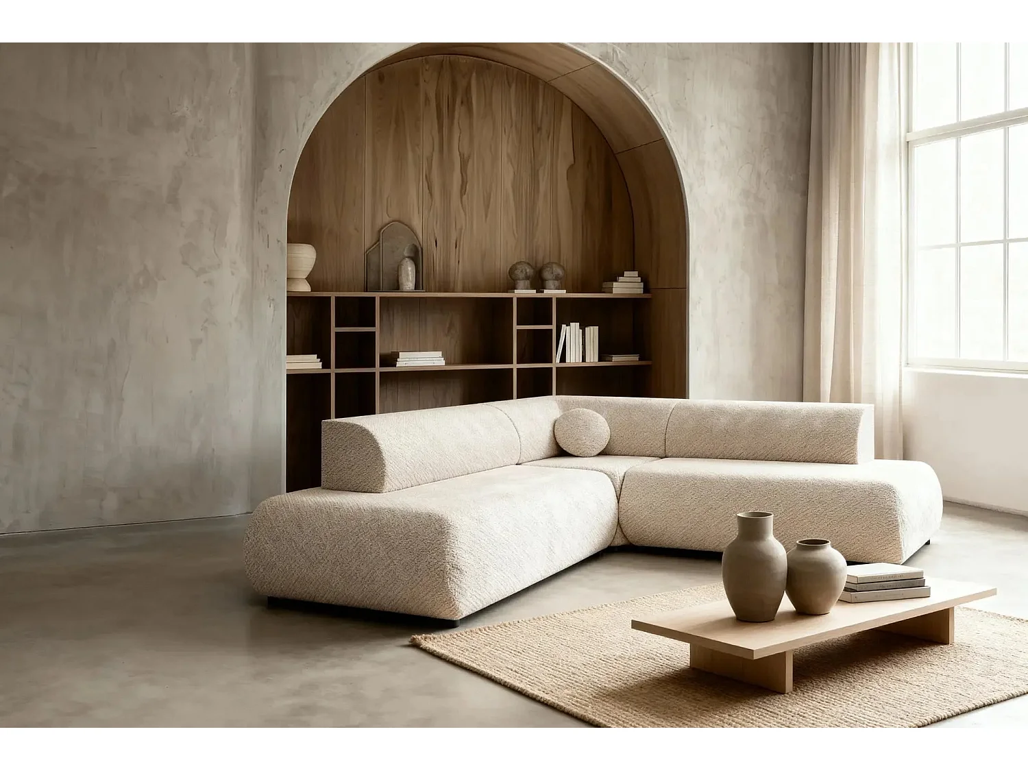 LEVI - Canapé panoramique convertible tissu lisse 5 places - Beige - Gauche