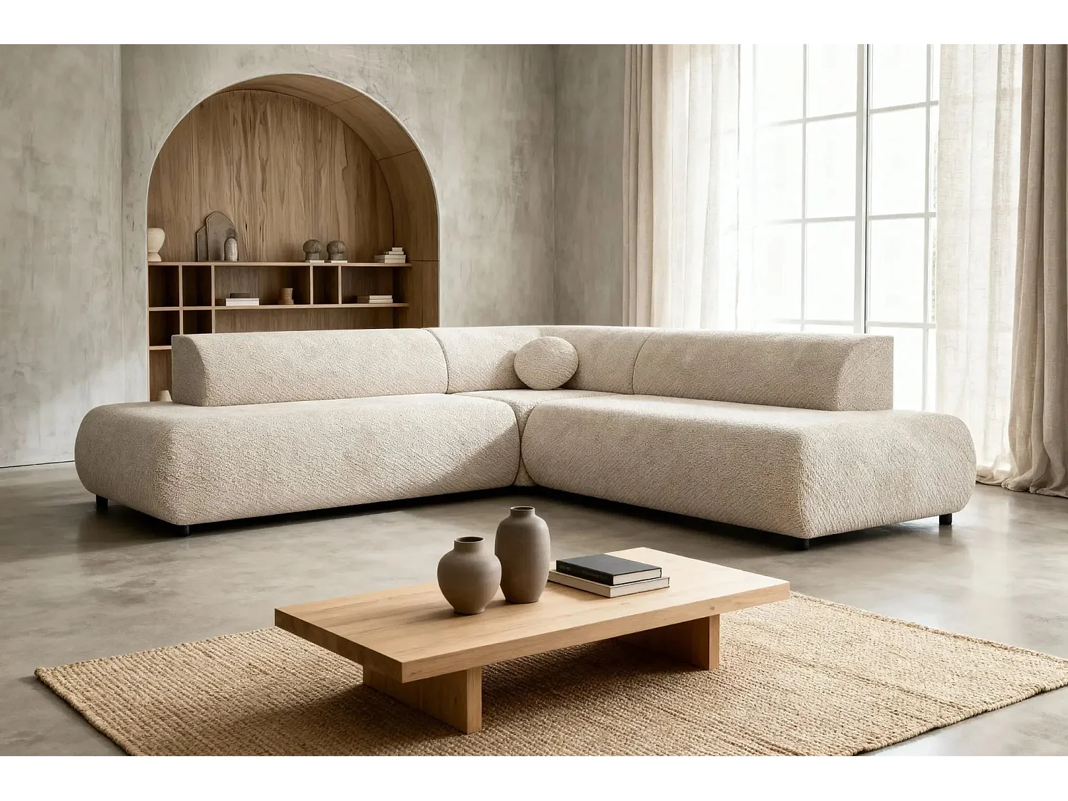 LEVI - Canapé panoramique convertible tissu lisse 5 places - Beige - Gauche