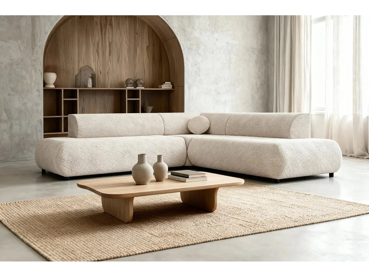 LEVI - Canapé panoramique convertible tissu lisse 5 places - Beige - Gauche