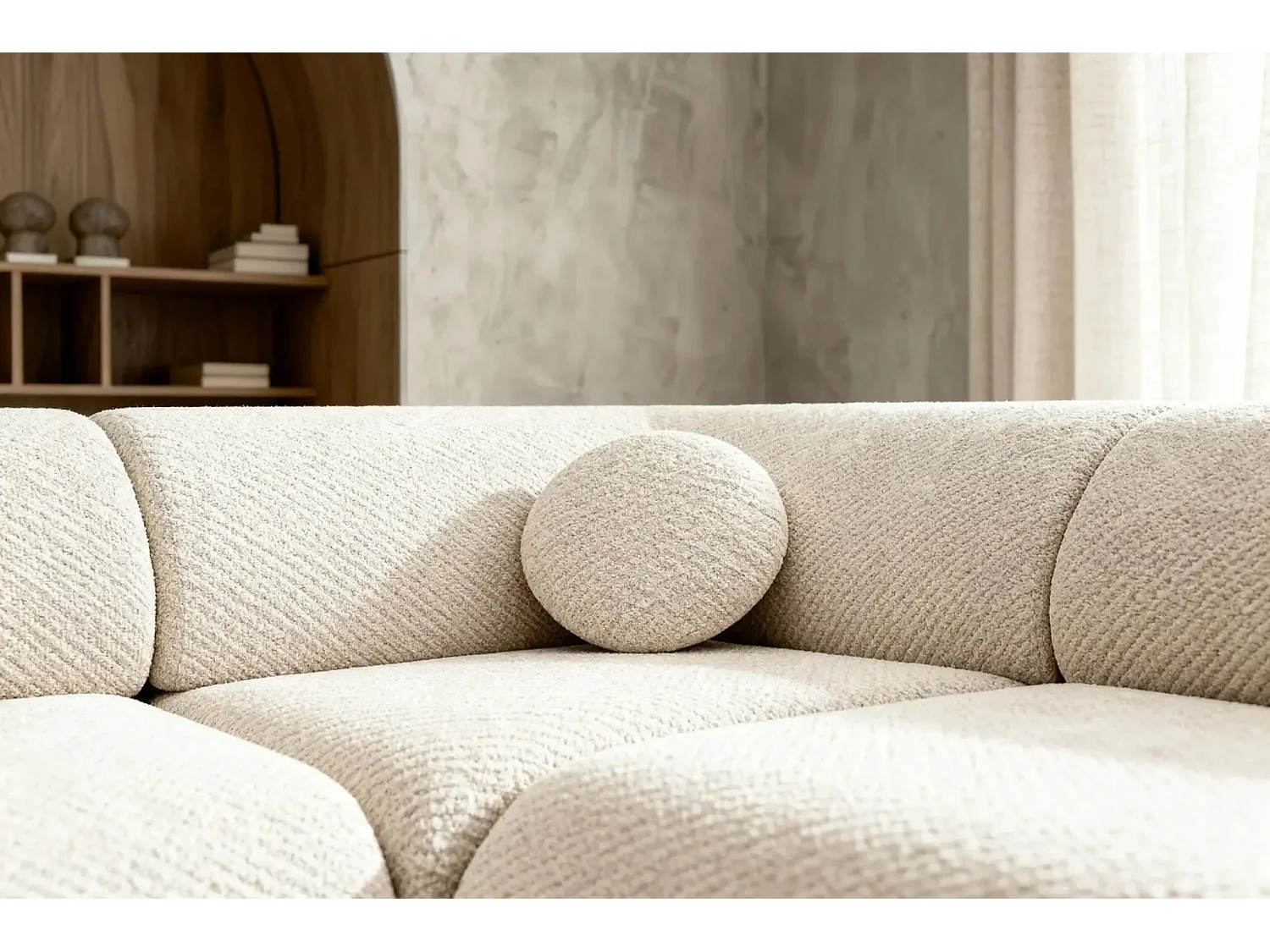 LEVI - Canapé panoramique convertible tissu lisse 5 places - Beige - Gauche