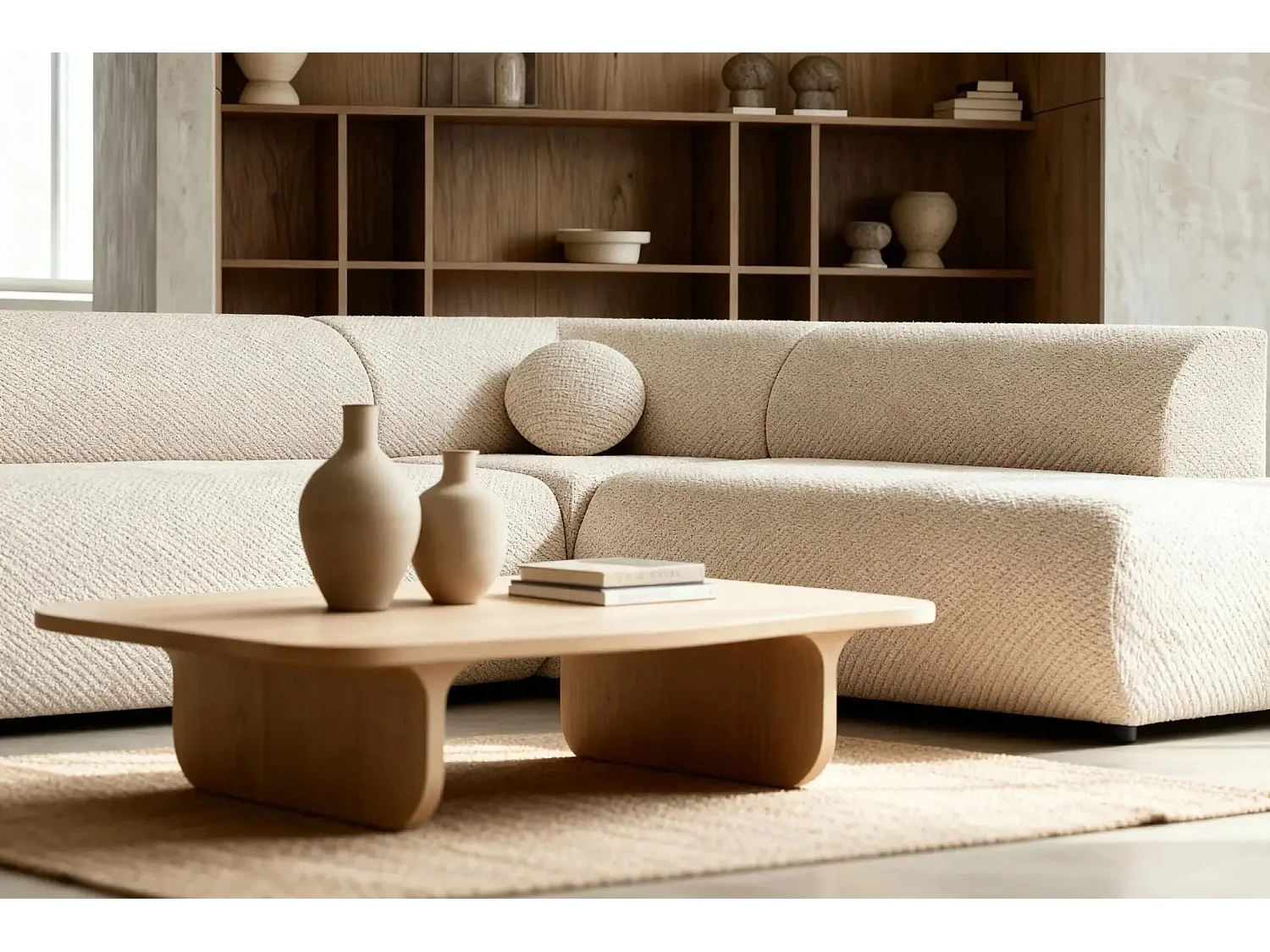 LEVI - Canapé panoramique convertible tissu lisse 5 places - Beige - Gauche